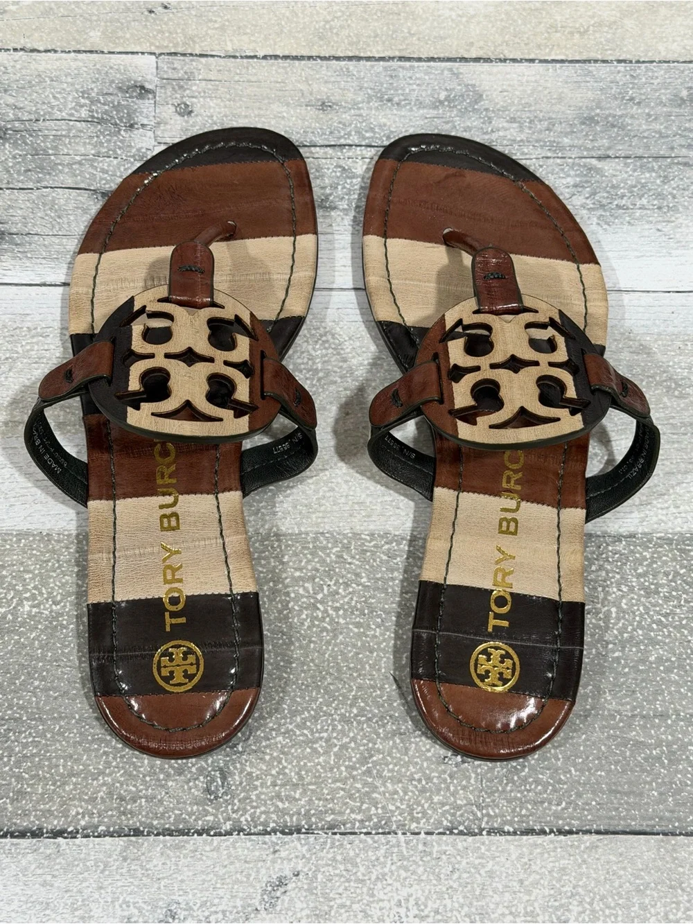 TORY BURCH Eel Leather Miller Sandal In Neutral Stripe Eel - Size - 6